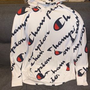 Champion hooded sweatshirt. Size L. White/Blue/Red.